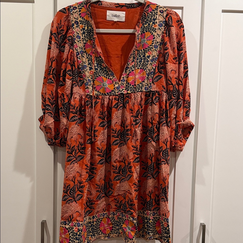 ba&sh Vibrant Orange and Black Long Sleeve Dress